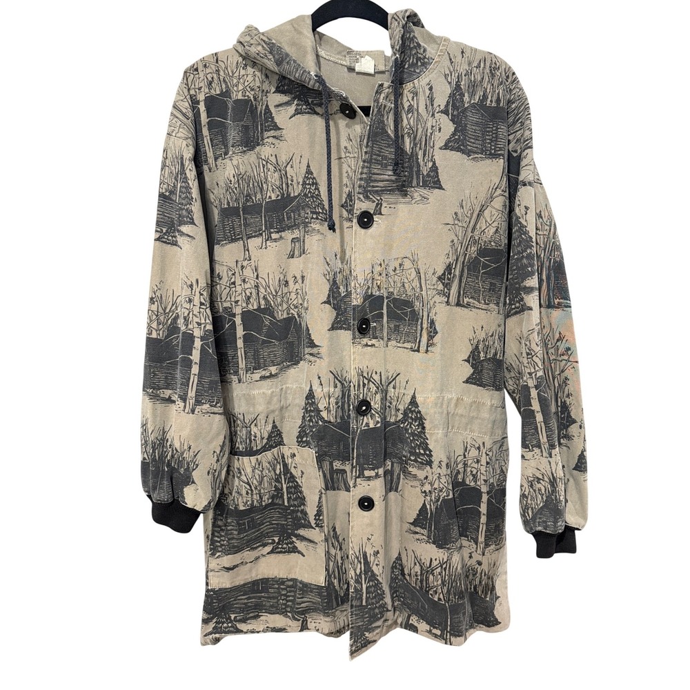 Vintage Michigan Rag Co Cabin Forest Print Hooded Canvas Jacket Tan RARE